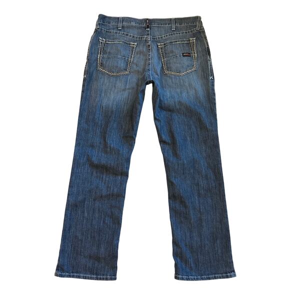 Ariat FR Jeans Men Sz 38x34 Blue Relaxed Boot M4 Distressed Denim CAT2 Workwear - Picture 2 of 11